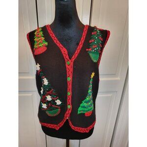 Vintage 90s/Y2K Black Christmas Tree Vest Beaded Bows MP Glam Retro Festive